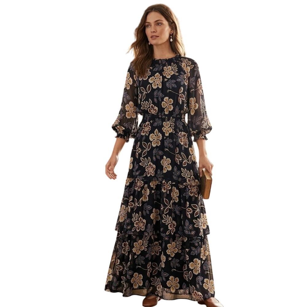 NWT Tory Burch Floral Print Maxi  Dress Lace Trim Navy Multi Romantic Boho 6
